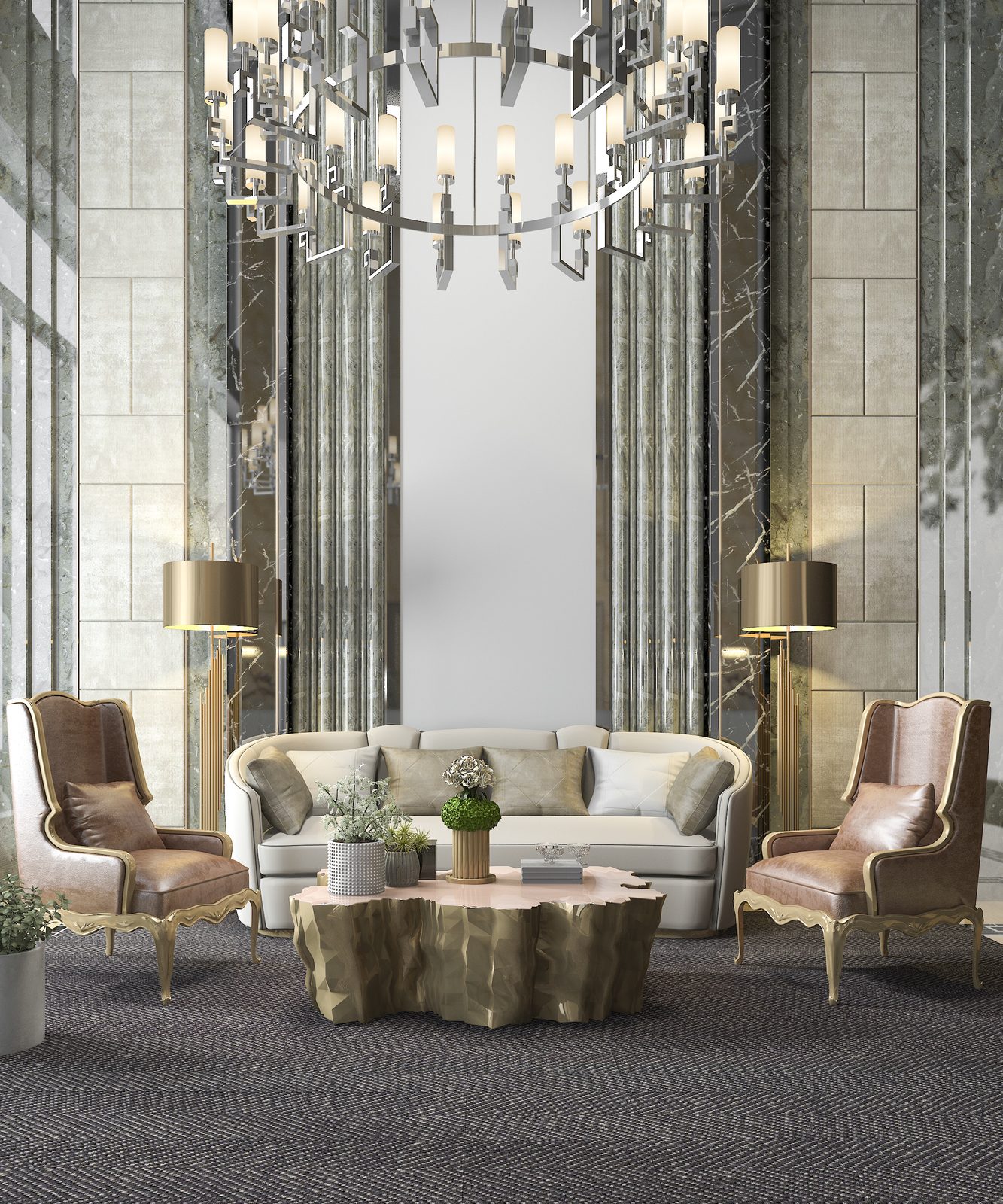 Elegant living lounge with bespoke furniture and marble