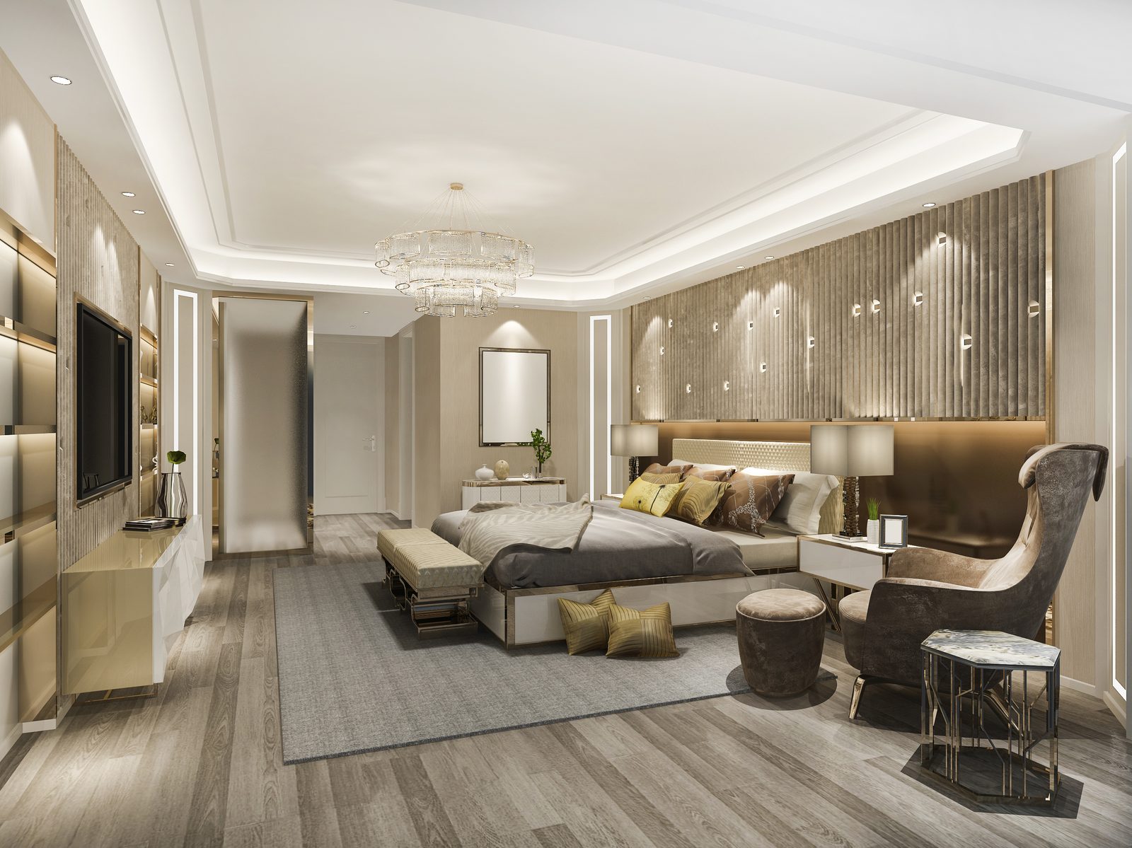 Master bedroom with warm layered lighting