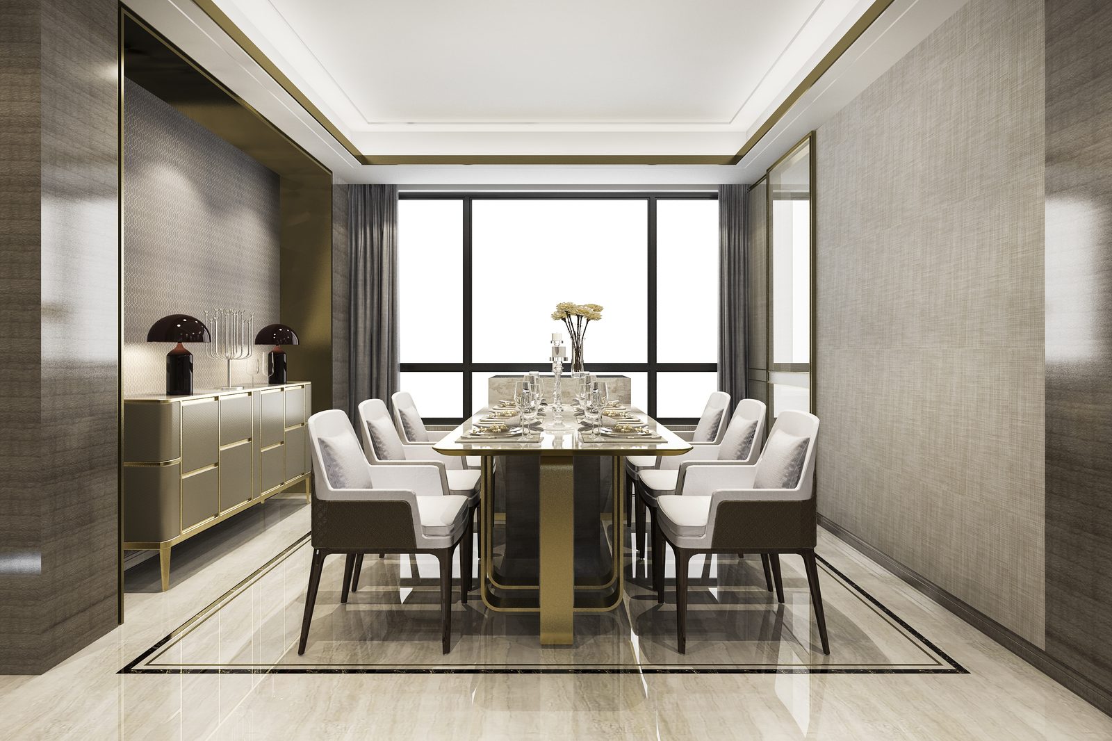 Contemporary dining room with gold accents