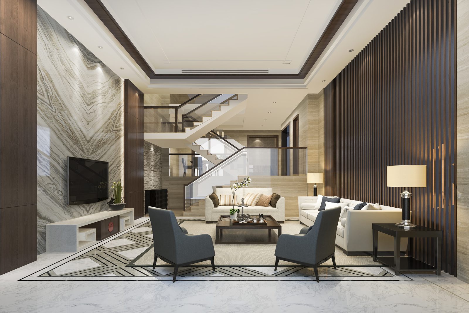 Double-height living space with feature staircase